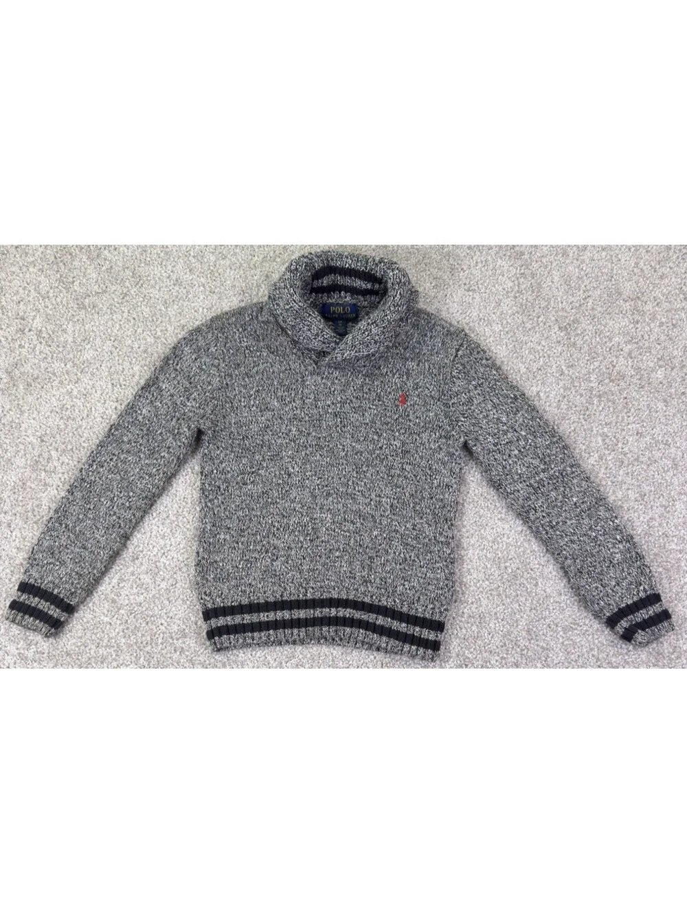 Polo Ralph Lauren Boys Shawl Collar Sweater Size 8 BL/WH Cotton Marled Knit